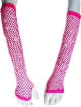 BamBella® Vingerloos Net handschoenen steentjes - One Size - Roze - Visnet handschoenen - Feest - Gothic Carnaval Merk: BamBella