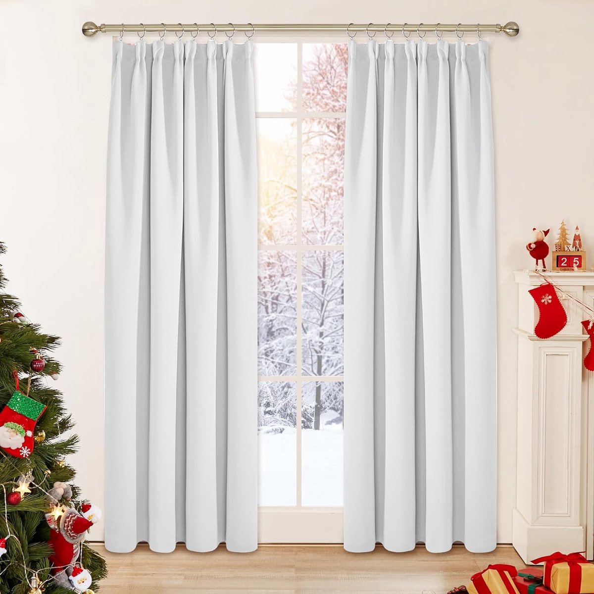 Famanu - Set van 2 thermische verduisteringsgordijnen met plooiband, 140 x 210 cm, lichtwit, grijs
