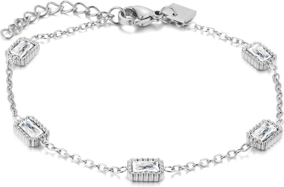 Twice As Nice Armband in edelstaal, 5 witte kristallen 17cm+2cm
