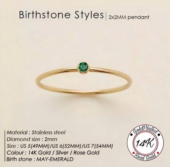 Soraro Birthstone Ring | Mei | 17mm | 14K Goldplated | Goudkleurig | Cadeau Voor Haar | Cadeau Voor Vriendin | Verjaardag Cadeau | Moederdag Cadeau | Cadeau Ideeën