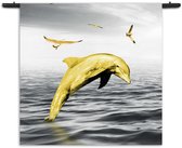 Mezo Wandkleed Springende Dolfijnen Goud 02 Rechthoek Vierkant M (90 X 90 CM) - Wandkleden - Met roedes
