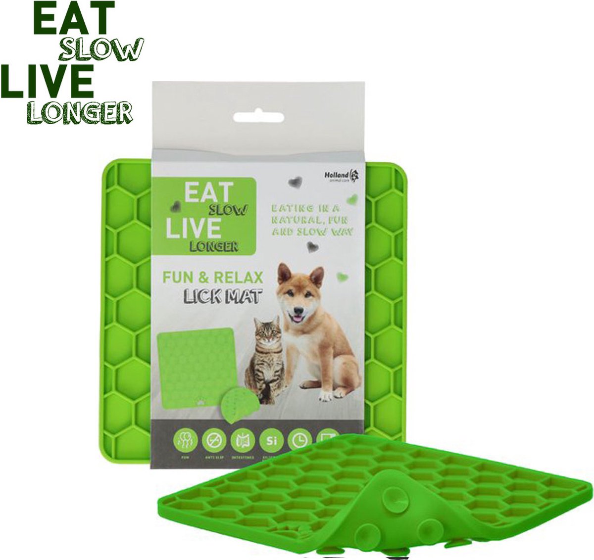 Eat Slow Live Longer Fun & Relax Lick Mat – Likmat voor honden – Anti-schrok bak – Slowfeeder – Gemakkelijk overal te plaatsen - Likplaat voor huisdieren – Uitdaging voor je huisdier – Groen - L23xB19xH1 cm