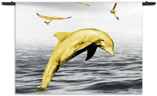 Velours Wandkleed Springende Dolfijnen Goud 02 Rechthoek Horizontaal XXXL (150 X 210 CM) - Wandkleden - Met roedes