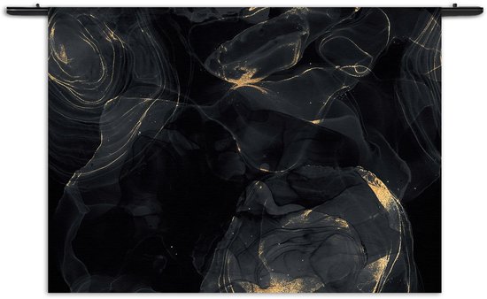 Velours Wandkleed Abstract Marmer Look Zwart met Goud 02 Rechthoek Horizontaal M (65 X 90 CM) - Wandkleden - Met roedes