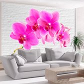 Fotobehangkoning - Behang - Vliesbehang - Fotobehang - Pink excitation - Roze Bloemen op Witte Stenen - 350 x 245 cm
