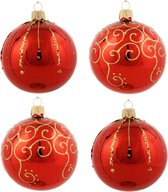 Hippe, Rode, Glanzende Kerstballen met Gouden Glitter Steentjes en Gouden Glitter Kruldecoratie - Doosje van vier kerstballen van 8 cm