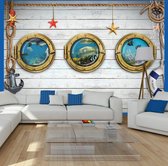 Fotobehangkoning - Behang - Vliesbehang - Fotobehang Uitzicht op Zee door de Boot - Kinderbehang Tree portholes - 250 x 175 cm