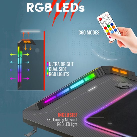 For The Win Game Bureau - 140x60x73 cm - Gaming Desk met LED Verlichting - Incl RGB muismat XXL - Computer Tafel - For The Win®