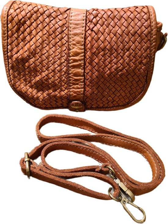 Tasje Leer Gewassen gevlochten leer Vintage genuine leather Crossbody Cognac bol