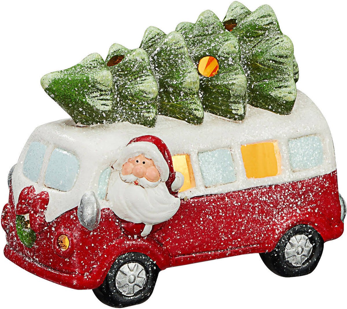 Kristmar Bus met Kerstboom - Kerstversiering - Kerstdecoratie - Met LED-verlichting - B21xH16.5xD11 cm - Inclusief batterijen - Keramiek - Rood/Wit/Groen