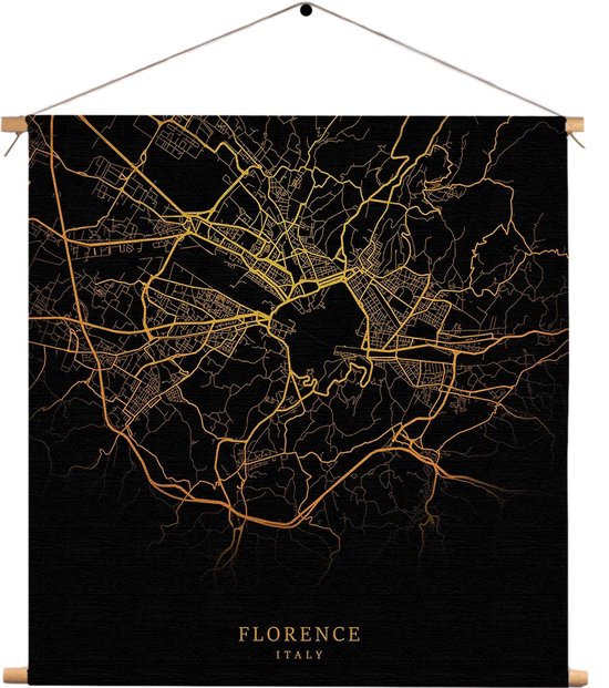 Textielposter Florence Plattegrond Zwart Geel Vierkant XXL (90 X 90 CM) - Wandkleed - Wanddoek - Wanddecoratie