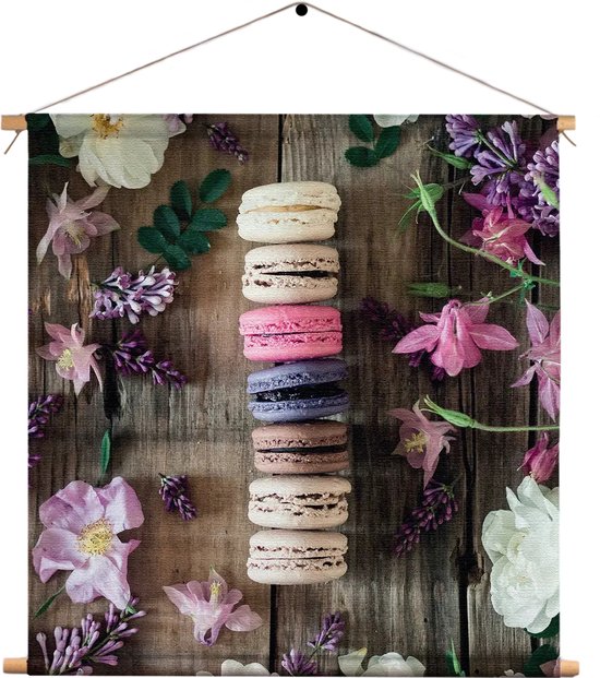 Textielposter Macarons op Bloemen Tafel Vierkant XL (60 X 60 CM) - Wandkleed - Wanddoek - Wanddecoratie