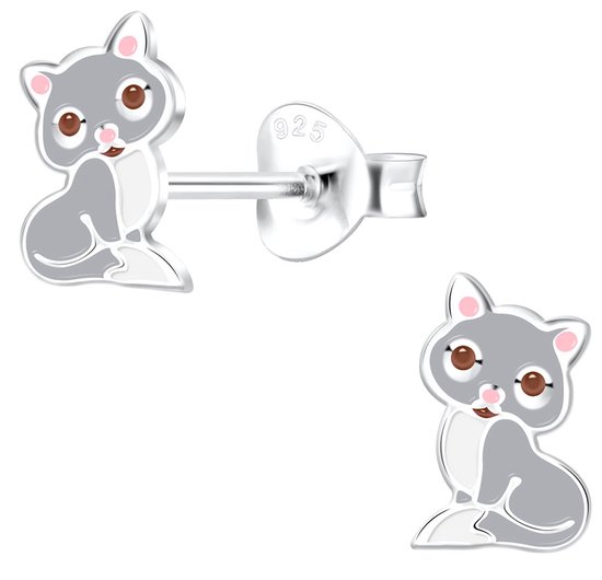 Joy|S - Zilveren kat poes oorbellen - 5 x 8 mm - grijs met roze oortjes - kinderoorbellen
