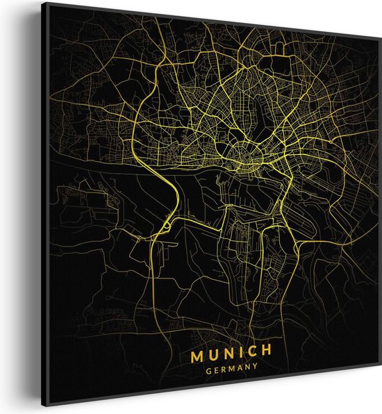 Akoestisch Schilderij Munich München Plattegrond Zwart Geel Vierkant Basic S (50 X 50 CM) - Akoestisch paneel - Akoestische Panelen - Akoestische wanddecoratie - Akoestisch wandpaneel