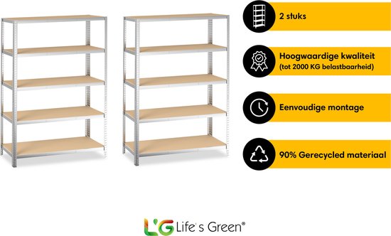 Life’s Green Stelling Set 120 cm - Opbergrek - Stellingkast - 2x 120*30*180 cm - Zilver