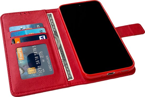 Gedetailleerde opname van een rode portemonnee book case, geopend met een telefoon, kaarten en geld.