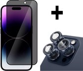 Screenz® - PRIVACY screenprotector + set camera lens protectors geschikt voor iPhone 15 Pro - blauw - Screen protector - Beschermglas - Complete set