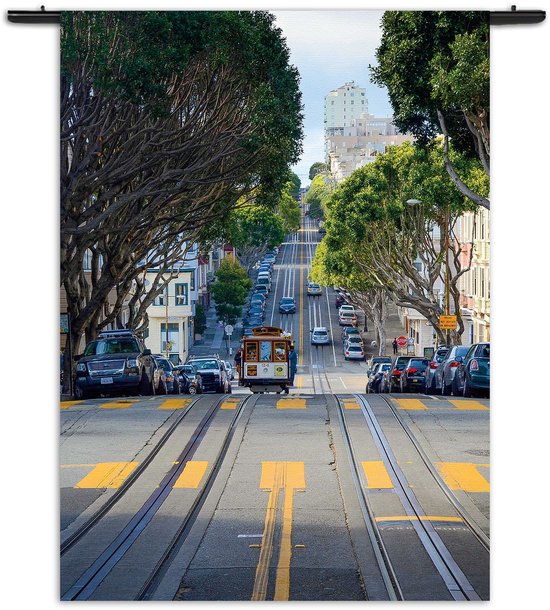 Velours Wandkleed San Francisco Tram Rechthoek Verticaal M (125 X 90 CM) - Wandkleden - Met roedes