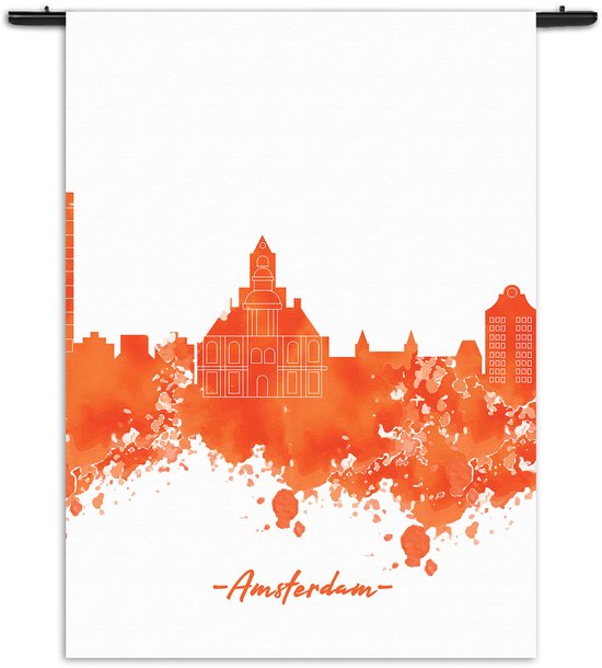 Velours Wandkleed Skyline Amsterdam Watercolor Paint Rechthoek Verticaal XL (210 X 150 CM) - Wandkleden - Met roedes