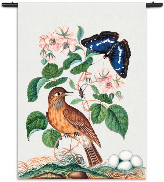 Velours Wandkleed Prent Natuur Vogel en Bloemen 01 Rechthoek Verticaal S (85 X 60 CM) - Wandkleden - Met roedes
