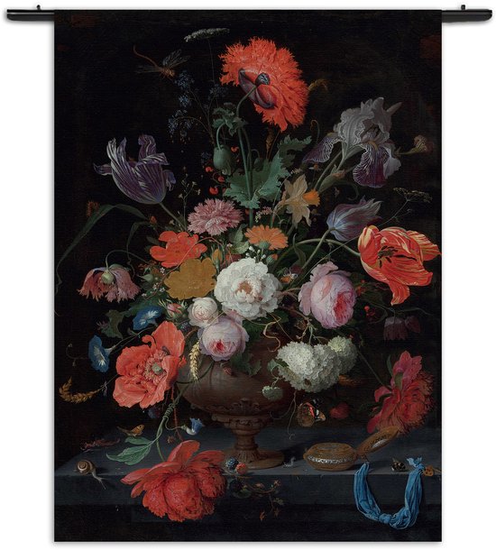 Velours Wandkleed Abraham Mignon Stilleven met bloemen en een horloge 1660-1679 Rechthoek Verticaal L (165 X 120 CM) - Wandkleden - Met roedes