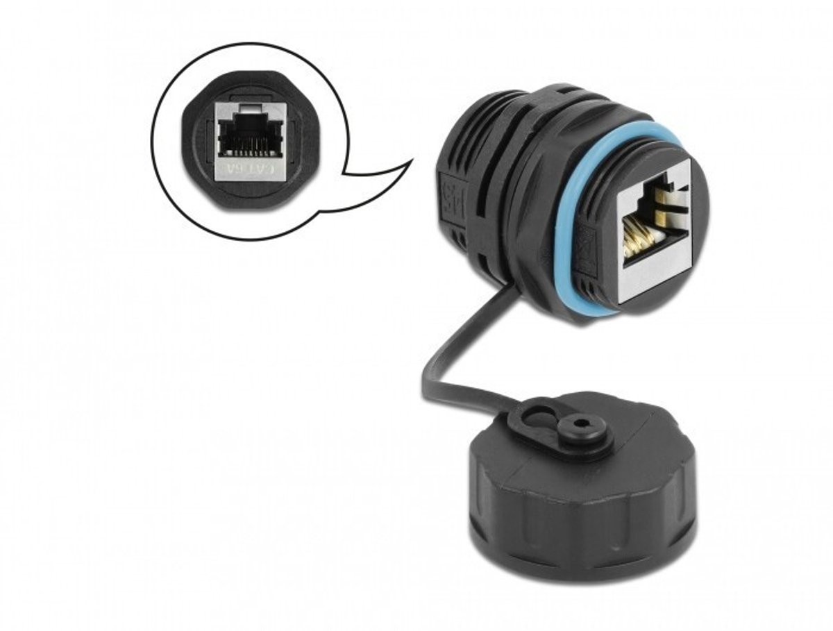 Image of Delock Cable Connector RJ45 jack to RJ45 jack Cat.6A with protective cap waterproof