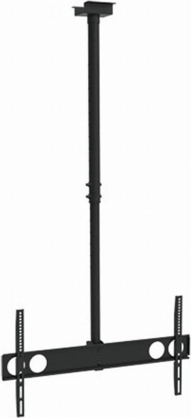 Zwarte, verstelbare plafondbeugel voor een tv, met een lange staaf en een horizontale houder.
