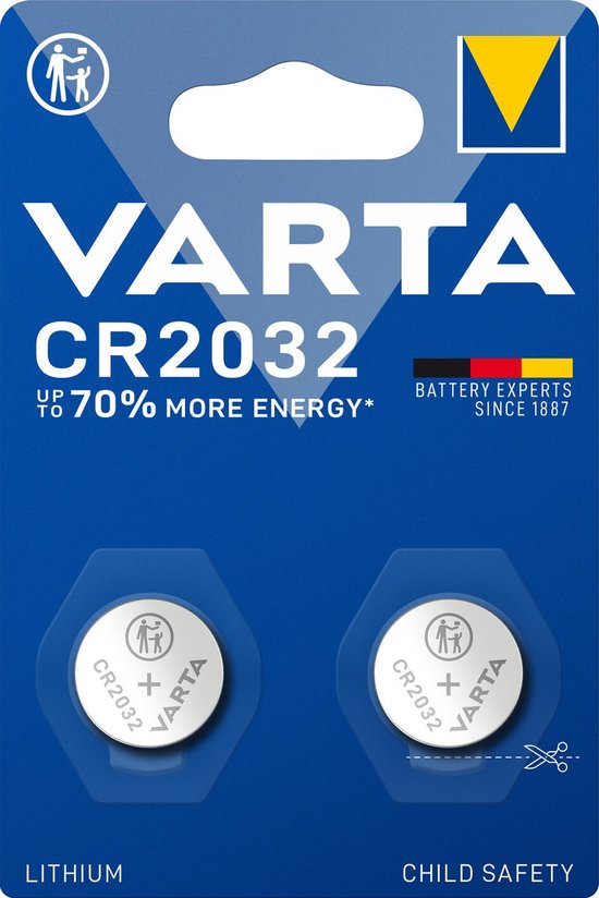 Verpakking met twee Varta CR2032 lithium knoopcelbatterijen.