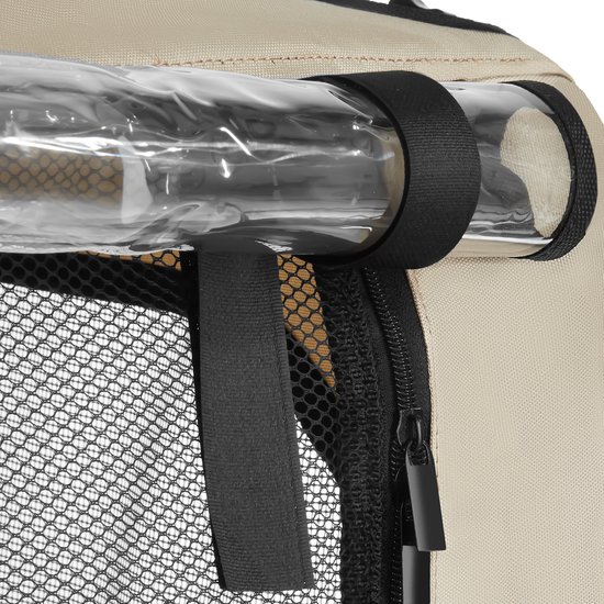 Detail van de beige hondenfietskar met gaas, transparante afdekking en ritssluiting.
