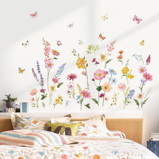 Foto: Zomer tuin bloem muurstickers madeliefje wildflower gras vlinders muurtattoo meisje kamer slaapkamer woonkamer tv achtergrond wanddecoratie