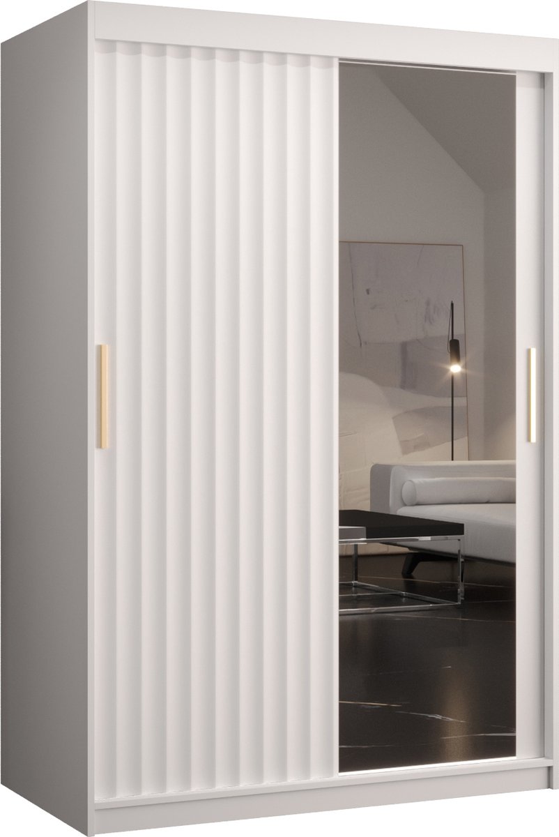 Zweefdeurkast met spiegel Kledingkast met 3 schuifdeuren Garderobekast slaapkamerkast Kledingstang met planken (LxHxP): 120x200x62 cm - Rikid W2 (Wit, 120)