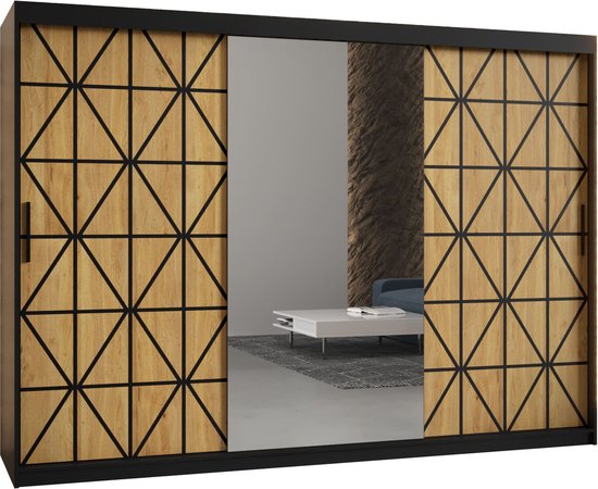 Zweefdeurkast met spiegel Kledingkast met 3 schuifdeuren Garderobekast slaapkamerkast Kledingstang met planken (LxHxP): 250x200x60 cm - Kaso II (Zwart en geometrische patronen, 250) met lades