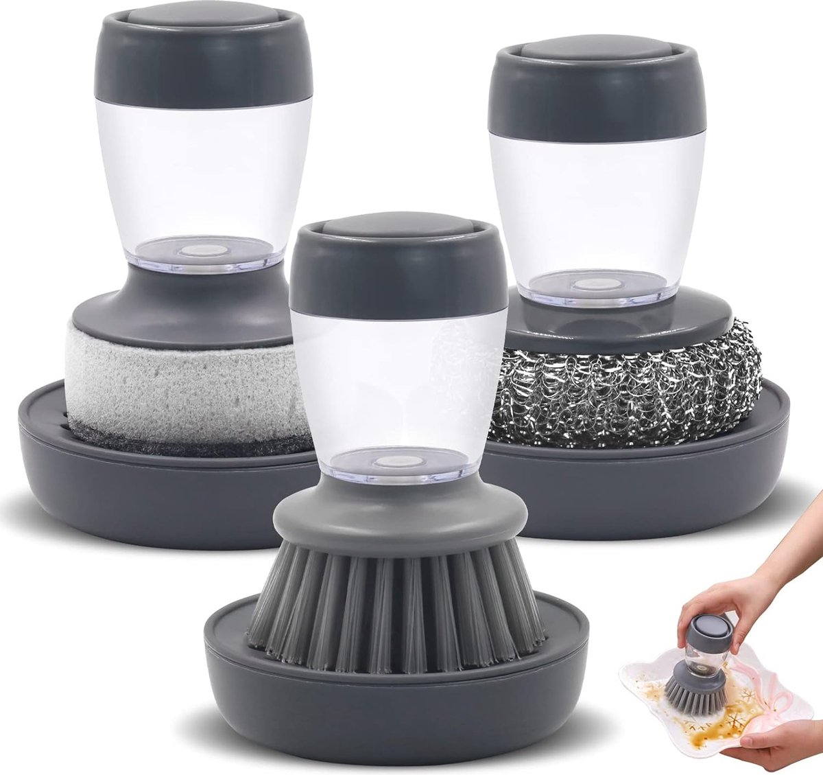 Goedkoopste Set van 3 drukfunctie afwasborstels, verwijderbare afwasborstel, afwasmiddeldispenser met 3 stuks afwasborstelbasis voor keukengerei, kommen, potten, fornuizen.