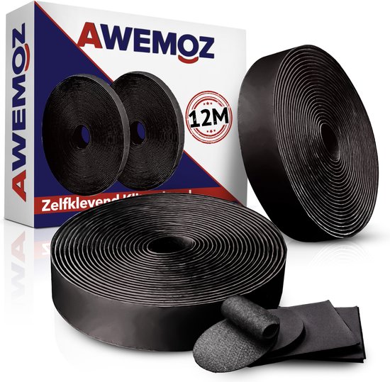 AWEMOZ Klittenband Zelfklevend - 2x12 Meter Lang - Velcro Zwart - Extra Sterk