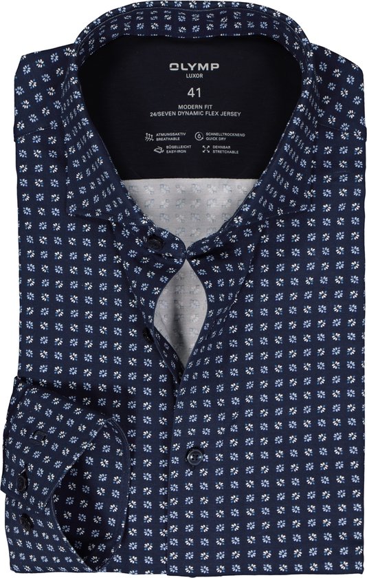 OLYMP 24/7 modern fit overhemd - tricot - blauw met wit dessin - Strijkvriendelijk - Boordmaat: 40