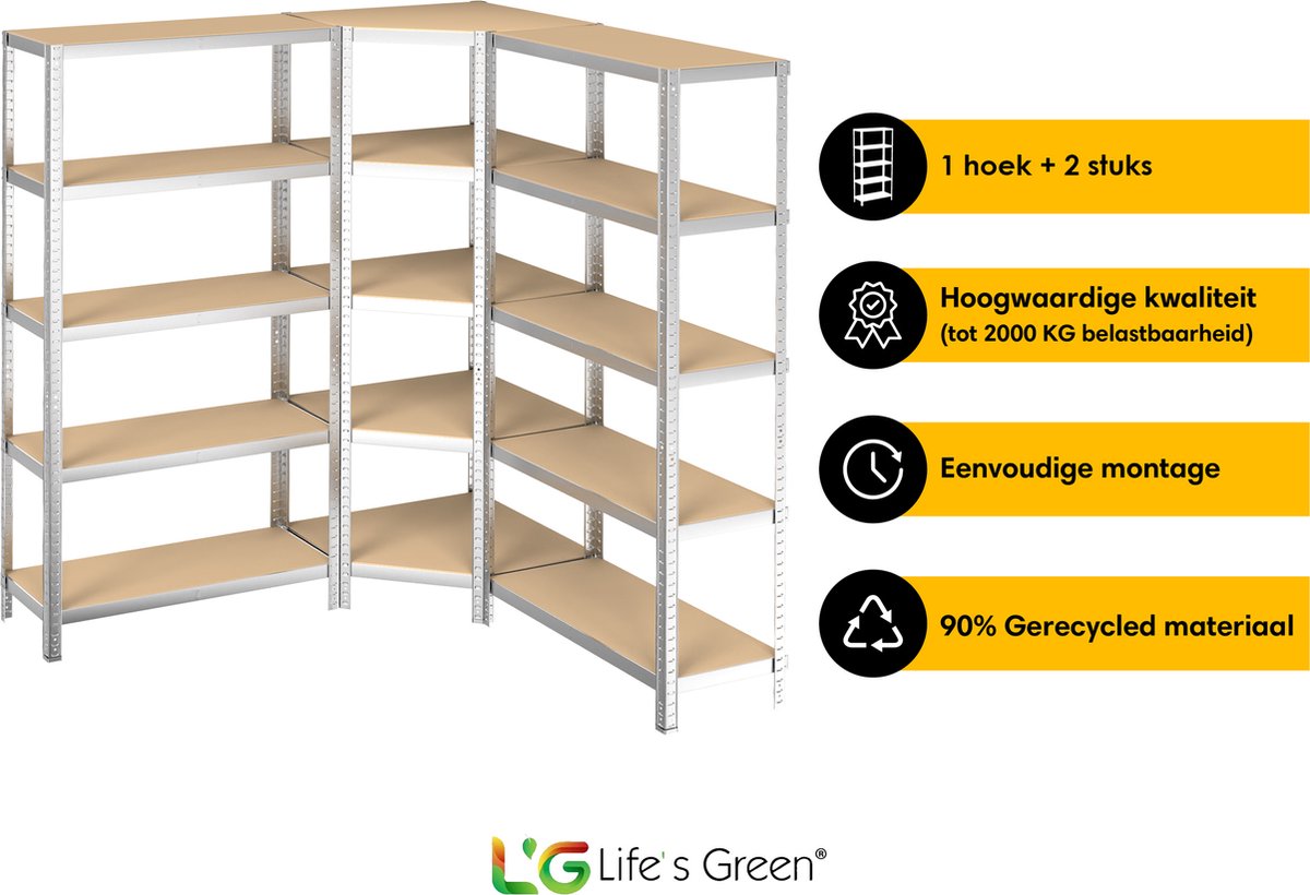 Life’s Green Stelling Set 90 cm - Opbergrek - Stellingkast - Hoekstelling - 2x Stelling 90 cm - 1x Hoekstelling 70 cm - Zilver - 30 cm