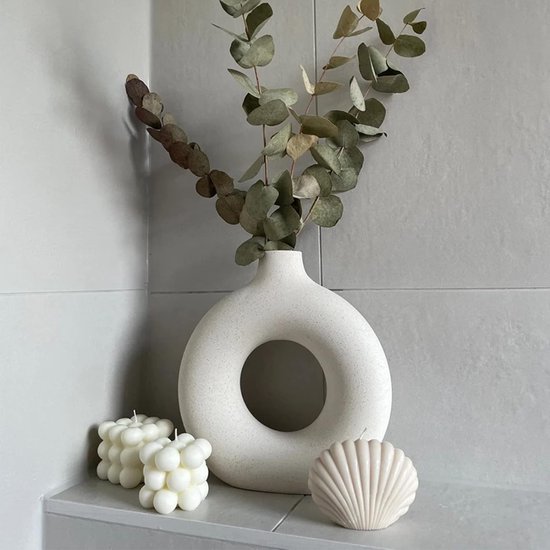 TAVADA Witte Donut Keramische Vaas Set van 2 - Handgemaakt voor Pampasgras, Moderne Decoratie voor Tafel, Boekenplank, Haard, Woonkamer, Slaapkamer, Kantoor - Feest Cadeau