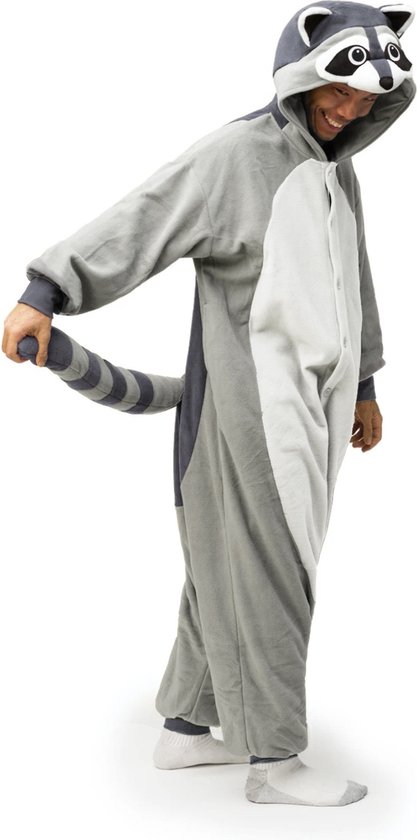 KIMU Onesie Grijze Wasbeer Pak - Maat M-L - Wasbeerpak Kostuum Grijs 170 176 - Dierenpak Jumpsuit Pyjama Huispak Dames Heren Overall Fleece Halloween
