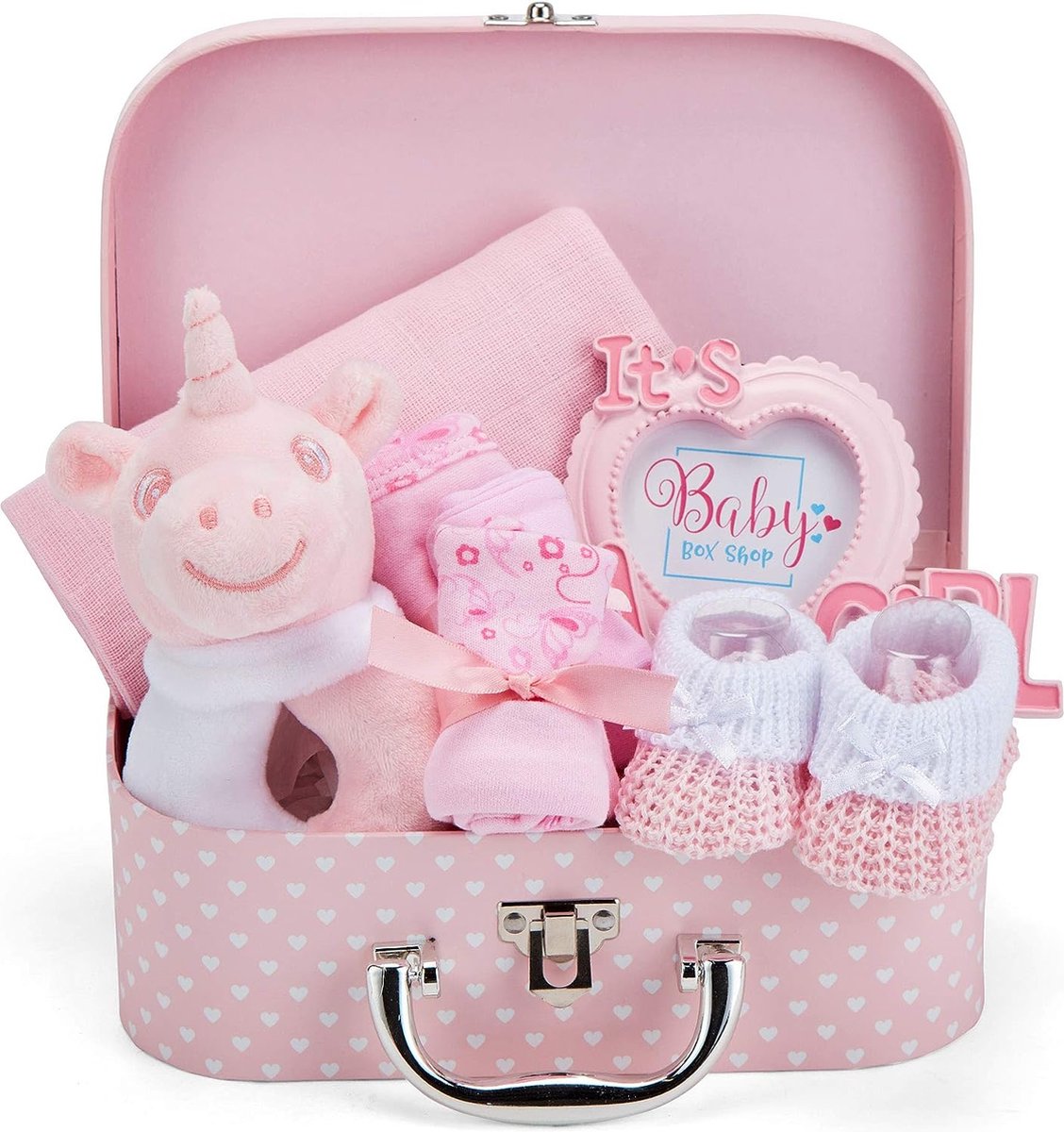 Goedkoopste Kraamcadeau meisje met eerste babyuitrusting, babyset inclusief rammelaar, fotolijst, mousseline doek, slabbetje, sokken, handschoenen en muts