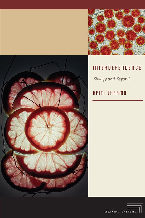 Couverture de livre avec des images stylisées de tranches de pamplemousse et de cellules rouges. Titre : Interdependence.