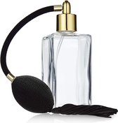 Parfum flacon leeg 100 ml met bal verstuiverpomp, helder glas fles hoekig, om zelf te vullen met parfum, navulbaar voor 100 ml, met balpomp