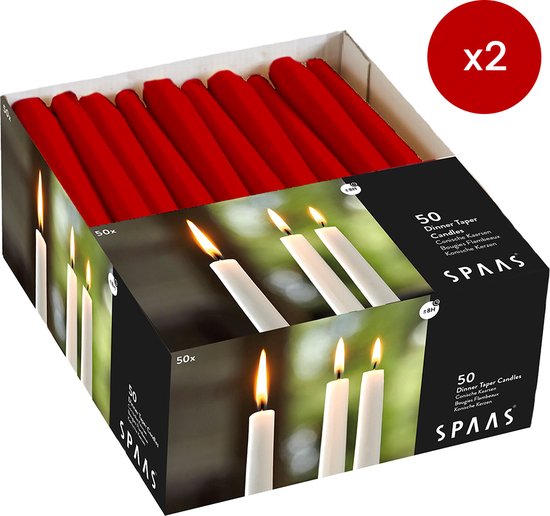 SPAAS - Bougies de table Festilux 23/250 mm - Bougies longues - bougies de table - ± 8 heures de combustion - Rouge - 2 x 50 pièces - Pack économique