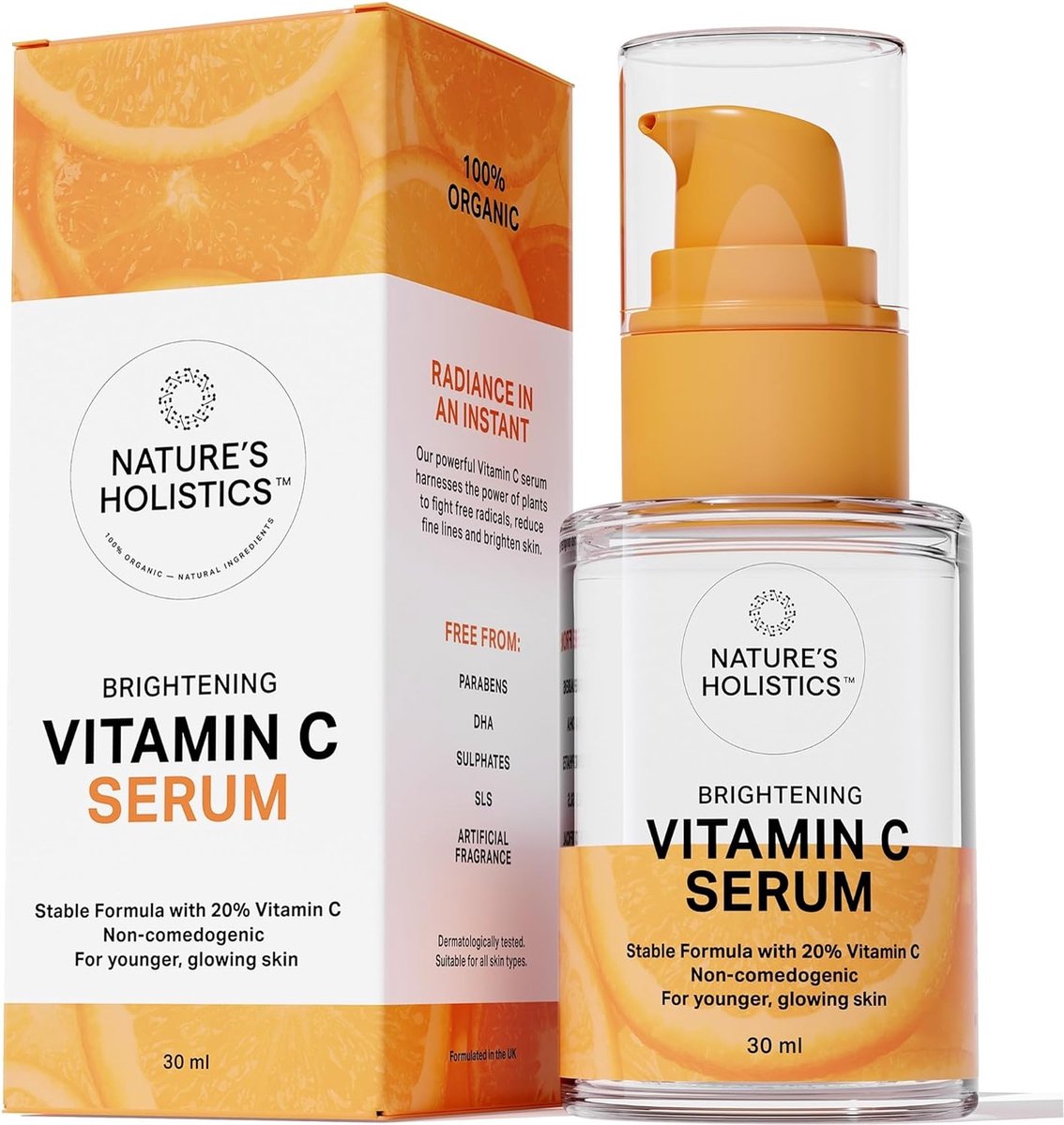 Nature's Holistics Pure Vitamine C gezichtsserum - 20% vitamine C-serum - Vitamine E - Verhelderende - Hydraterende huidverzorging - Donkere vlekken - 100% Organic