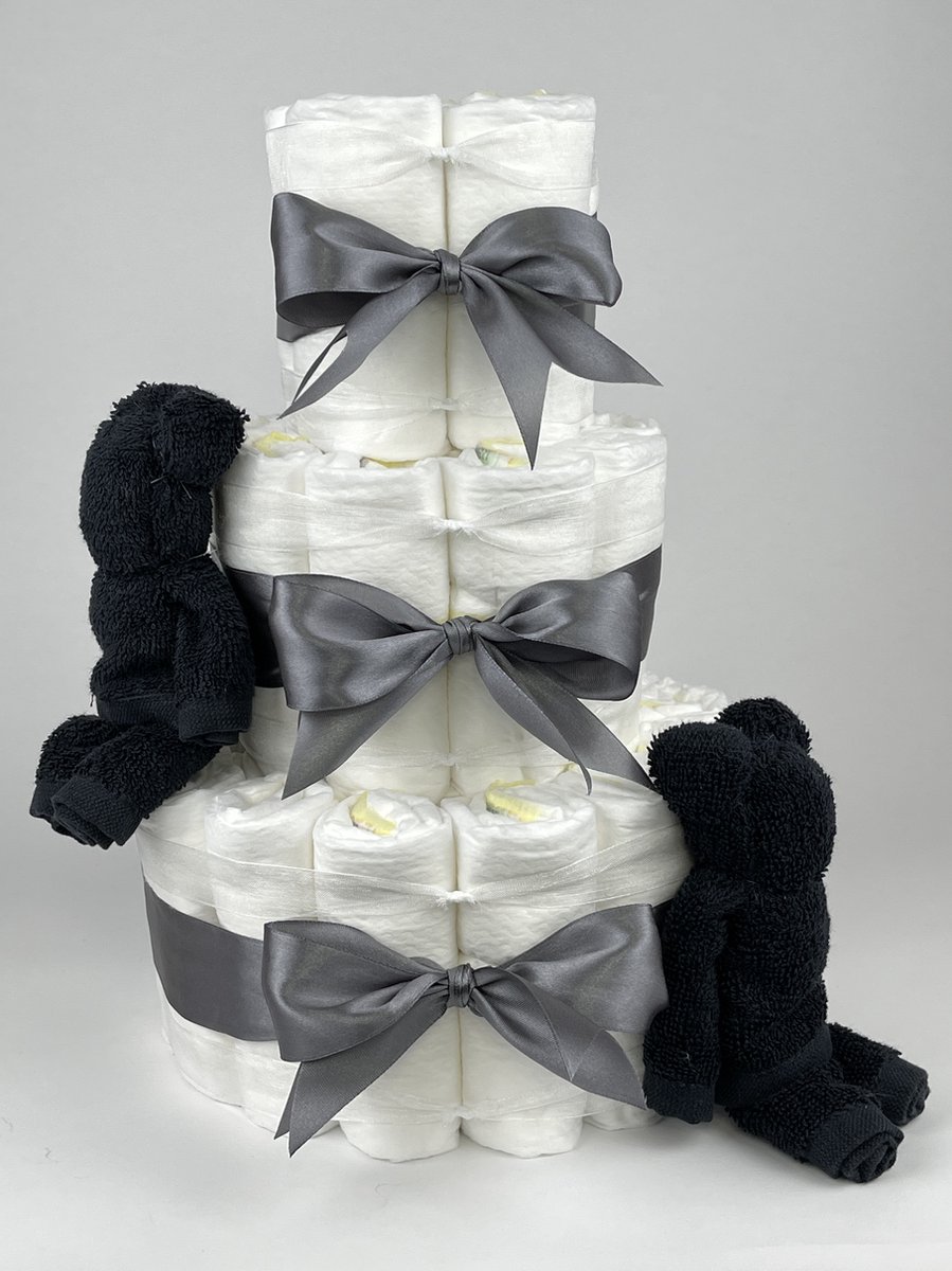 Goedkoopste Chouette-Chouette | Luiertaart Neutraal | Kraamcadeau | Geboorte Jongen Meisje | Babyshower | Beren Zwart - donker Grijs
