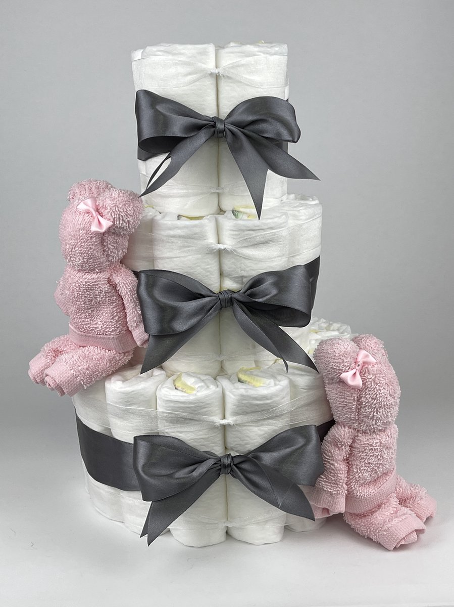 Goedkoopste Chouette-Chouette | Luiertaart Meisje | Kraamcadeau | Geboorte Meisje | Babyshower | Beren Roze - donker Grijs