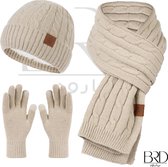 BRD® Winter | Winter set voor volwassenen Beige - gevoerde muts, sjaal en handschoenen winterset unisex voor dames en heren 3 delig gebreid
