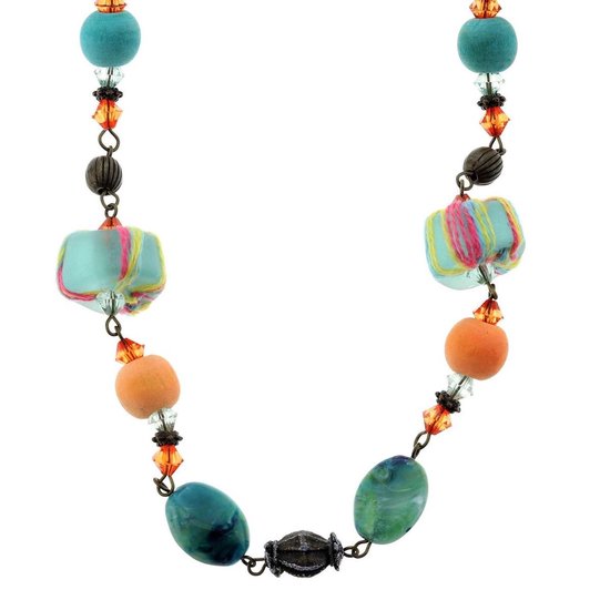 Behave Gevlochten ketting van blauw/goudkleur touw en multi-color kralen