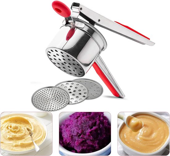 Aardappelpers, roestvrij staal, spaghetti-ijspers met 3 verwisselbare zeefjes voor aardappelpuree, sap, citroen uitpersen, vaatwasmachinebestendig, cadeau voor man, vrouw, mama, papa