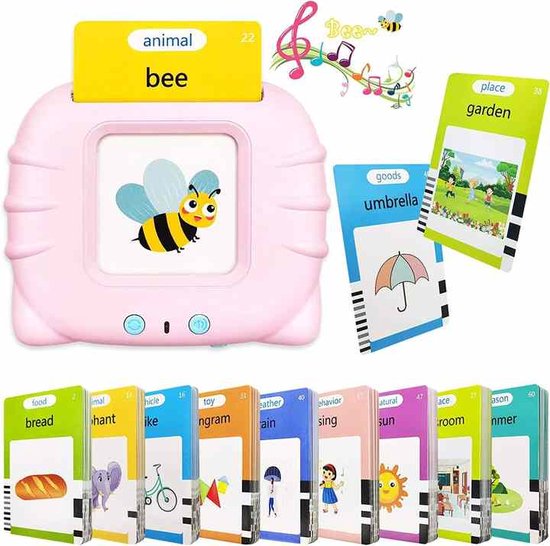 Foto: Flashcards educatieve tablet met 224 kaarten engelse woorden leren flashcard kleur roze leesspeelgoed voor kinderen met usb oplaadkabel leeftijd 0 3 jaar jongen cadeau meisjes cadeau verjaardagscadeau woordenschat engels verhogen