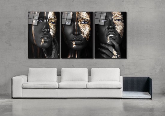 Golden black woman schilderij op plexiglas 3 delige 60/90cm